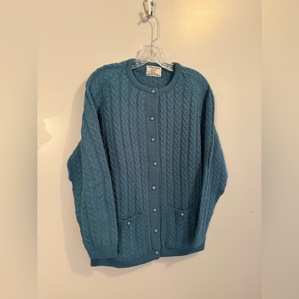 Vintage College Point Medium Cardigan Blue Crewneck Cable Knit Acrylic Classic - Picture 5 of 12